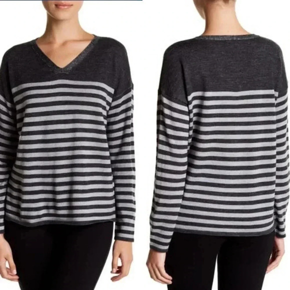 Eileen Fisher V-Neck Striped Gray Wool Pullover Sweater Size Small - Picture 1 of 7